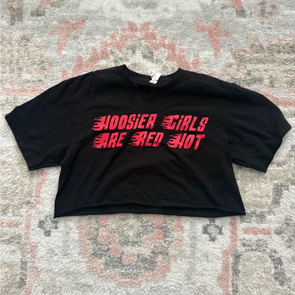 Black Cropped Tee with Red Graphic IU phrase